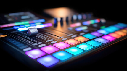 Vibrant music production controller with colorful backlit buttons and knobs, showcasing modern design ideal for electronic music creation and performance