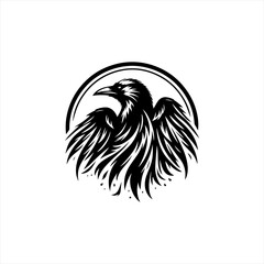 Obraz premium Stylized black raven or crow emblem with wings spread inside a circle