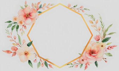 Rose gold hexagon frame decorated with watercolor florals and leaves blush and pastel color palette-1  Generative AI