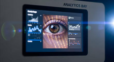 Advanced Technology Interface Displaying Eye Biometrics And Data Analytics Charts