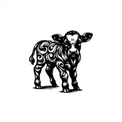 Fototapeta premium Black and white illustration of a calf with ornate swirling patterns on its body