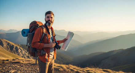 Adventurous Hiker Navigating Mountain Terrain Using Topographical Map With Camera