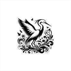 Elegant black and white silhouette of a crane with wings spread amidst floral designs and flying birds
