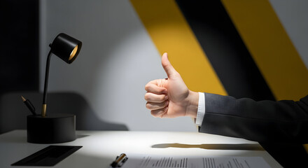 Affirmative Gesture In Office Setting With Modern Desk Lamp