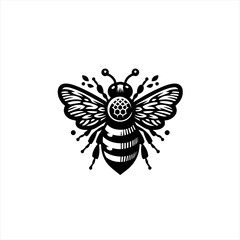 Stylized black and white bee illustration with intricate wing detail