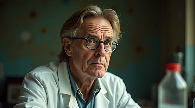 A portrait of a senior man with glasses, looking thoughtful and serious. He could be a doctor, professor, or scientist in his office or laboratory.