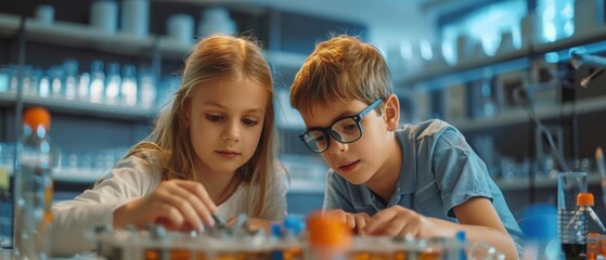 Children Exploring Science in Laboratory featuring Science, Lab, Experiment, Children Kids Boy Girl Education Learning Explore Research Study School Classroom