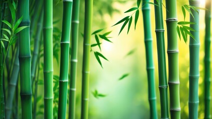 Obraz premium Bamboo forest with tall green bamboo stalks and sunlight filtering through the leaves. Nature and plant life, concept. Jungle and forest environment. The idea of greenery and eco-friendly plants.