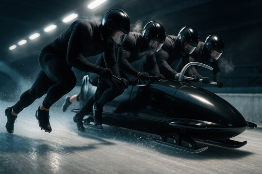 Photorealistic four-man bobsled team launching at full speed on icy track with visible ice spray and synchronized push. Concept of explosive power, coordination and winter sports performance.
