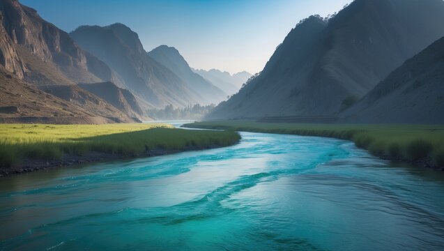 A river flowing through a valley surrounded by mountains with lush greenery and clear blue water. - Powered by Adobe