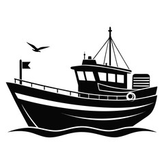 Black Boat Vector on Ocean
