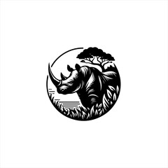 Stylized black and white rhino in a circle with african tree and landscape