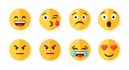 Fototapeta premium Modern flat style emoji set with diverse emotional expressions: happy, sad, angry, love, surprised, crying, and kissing.