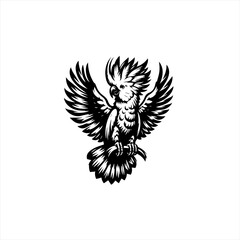 Black and white illustration of a cockatoo with wings spread
