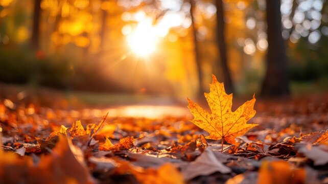 Crisp focus on a floating maple leaf against a forest path lined with vibrant autumn trees, with motion blur trailing other leaves