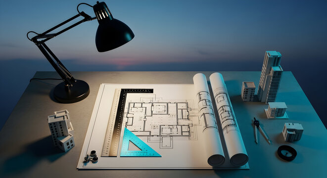 Architectural Blueprint Detailed Home Design Planning Under Desk Lamp Illumination