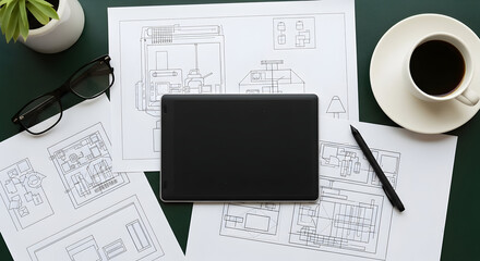 Architectural Design Workspace With Digital Tablet And Blueprint Sketches