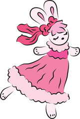 Cute bunny in a pink ball gown with a pink bow on her head dances with her eyes closed, drawing in pink shades, hand drawn with a brush black curved contours
