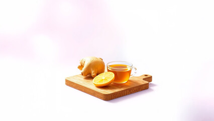 Tea - Steaming Ginger Root Tea with Fresh Root and orange, on Wooden Surface