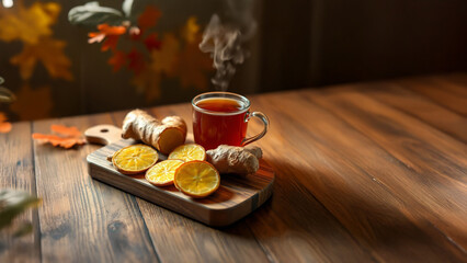Tea - Steaming Ginger Root Tea with Fresh Root and orange, on Wooden Surface