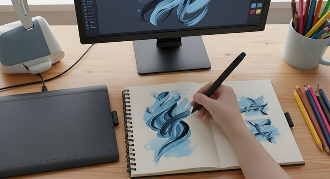 Artist Creating Digital Artwork At Home With Drawing Tablet And Stylus Pen - Powered by Adobe