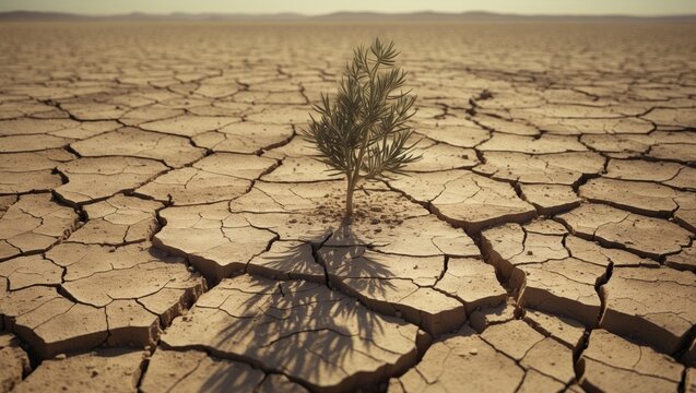 A lone tree grows on cracked, dry earth in a drought-affected landscape.