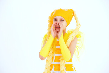 Cheerful girl in yellow corn costume having fun, dancing and laughing on light background with funny expression in empty space. Great promo video for announcement sharing news. Sale