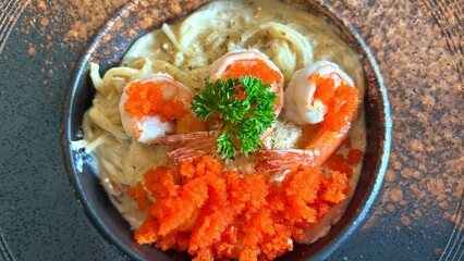Top angle , Spaghetti with creamy shrimp roe sauce.