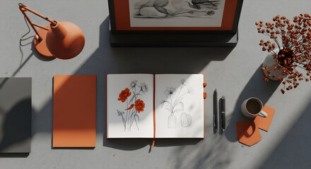 Artistic Workspace Still Life Featuring Sketchbook Coffee And Creative Accessories