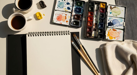 Artist's Workspace: Watercolor Palette, Brushes, and Coffee Ready for Inspiration