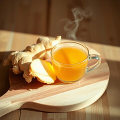 Tea - Steaming Ginger Root Tea with Fresh Root and orange, on Wooden Surface