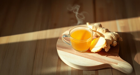 Tea - Steaming Ginger Root Tea with Fresh Root and orange, on Wooden Surface