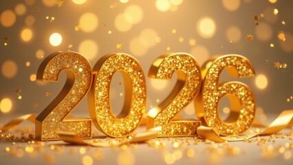 2026 gold numerals on golden bokeh and confetti background. selective focus