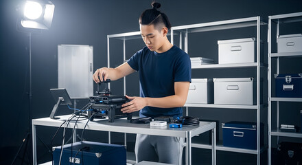 Asian Videographer Adjusting Camera Gear For Professional Video Production Shoot