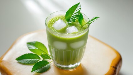 Fototapeta premium A glass of green juice with ice cubes and leaves, placed on a slice of bread.