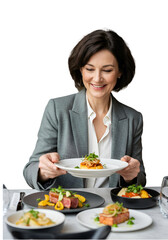 Photo of Smiling Woman Presenting Dish with Delicious Food at Table