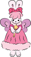 Cute bunny with butterfly wings in a pink ball gown with a pink bow on her head looks at the camera and holds a magic wand in her hands, drawing in pink shades, hand drawn with a brush 