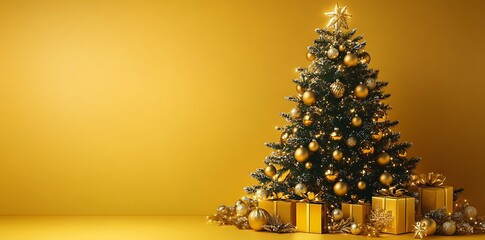 Decorated Christmas tree with golden ornaments and gifts lights