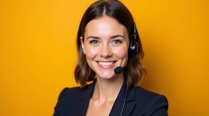 A friendly and professional female customer service representative wearing a headset and smiling. Call center, support, and telemarketing concept.