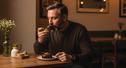 Bearded Man Enjoys Delicious Chocolate Cake In A Warm And Cozy Atmosphere