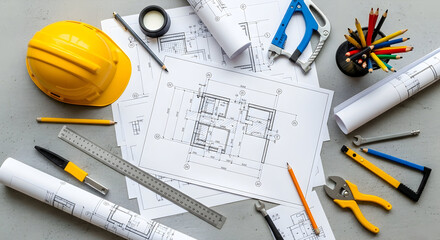 Blueprint Design And Construction Tools On Tabletop For Architectural Concept