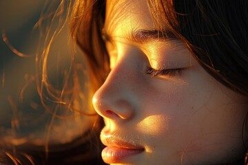 Obraz premium Golden Light on a Young Face featuring Face, Young, Person, Girl Woman Eyes Closed Eyelashes Nose Lips Skin Hair Sunlight