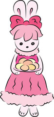 Cute bunny in a pink ball gown with a pink bow on her head holds a plate with Easter eggs, drawing in pink shades, hand drawn with a brush black curved contours