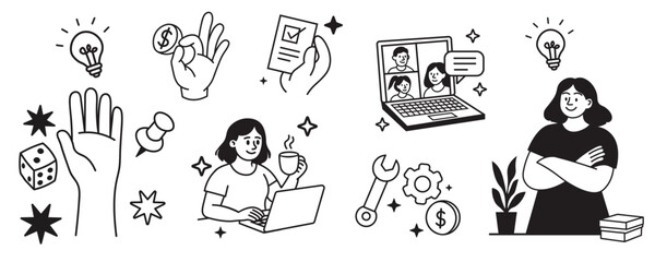 Minimal black and white line art set featuring business tools, teamwork, remote work, creativity, and communication elements

