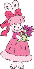 Cute bunny in a pink ball gown with a pink bow on her head holds a bouquet of tulips in her hands, drawing in pink shades, hand drawn with a brush black curved contours