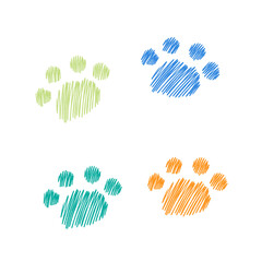 A whimsical and colorful paw print illustration featuring a cute, minimalist style using crayon and chalk textures © ninimiou