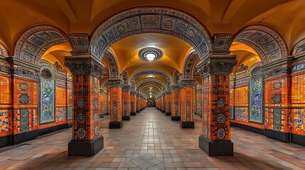 Obraz premium Ornate tiled passageway with arched ceilings.