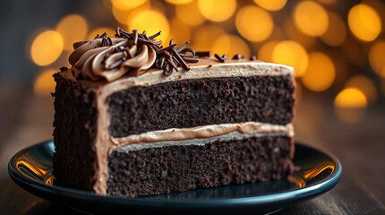 Chocolate cake slice with glossy ganache, ideal for premium dessert branding