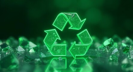 Green Recycling Symbol with Crystals on a Reflective Surface