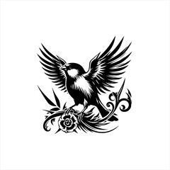Obraz premium Black and white illustration of a bird perched on a rose with decorative elements